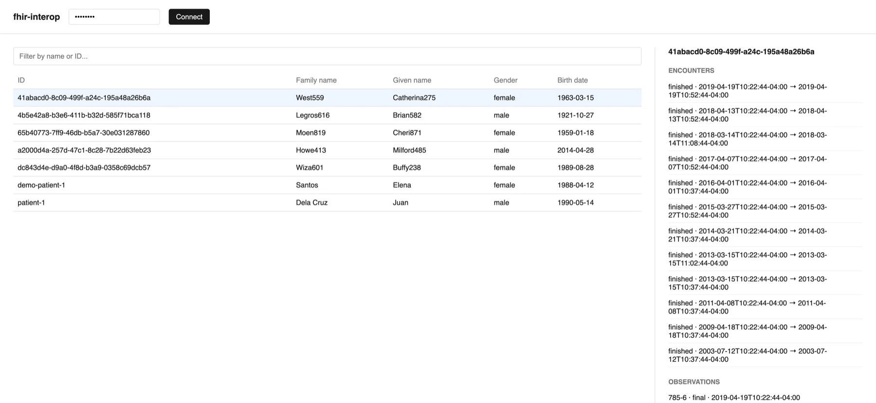 Patient browser: a table of patients on the left, and the encounters and observations for the selected patient on the right.
