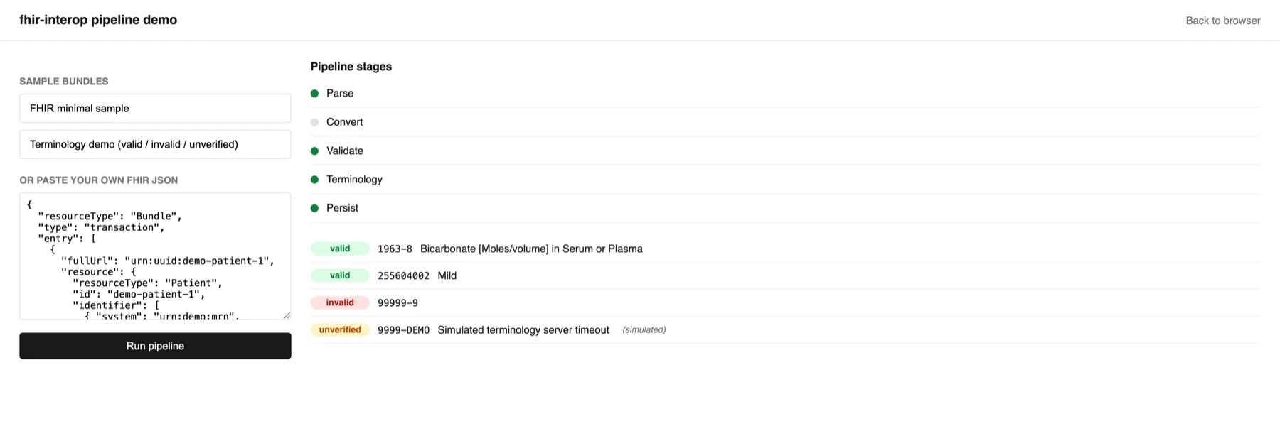 Pipeline demo page: stage list showing Parse, Convert, Validate, Terminology, Persist, and a list of terminology results tagged valid, invalid, or unverified.