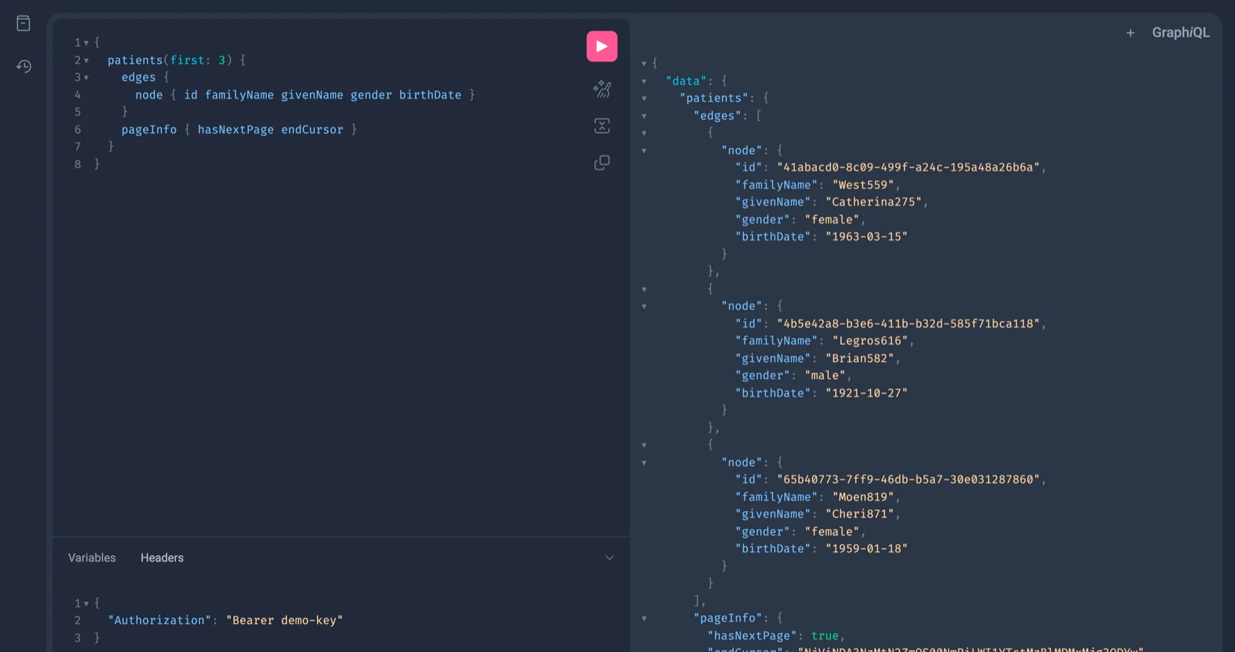 GraphQL playground: a patients query on the left, the JSON response with patient records on the right, an Authorization header set.